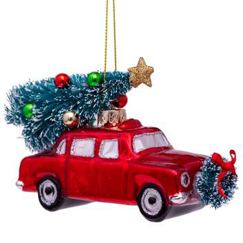 Red car w/christmas tree glass ornament